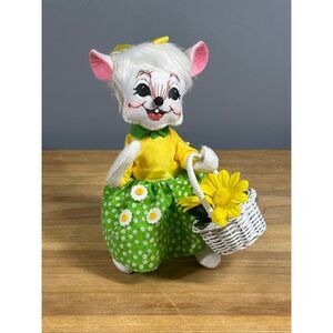 Annalee 8” White Easter Mouse w/Basket yellow green flower dress 2013